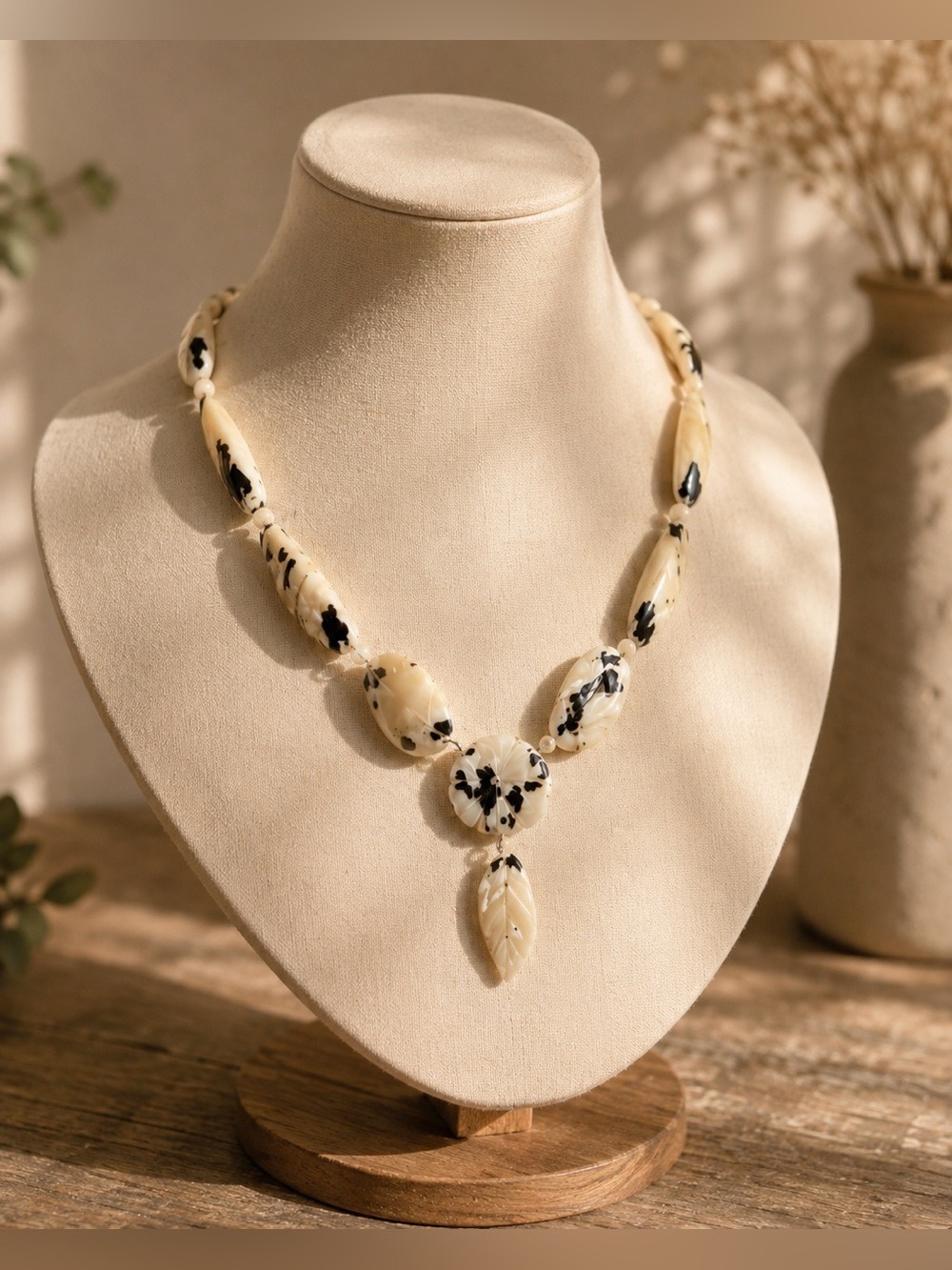 Vintage Kenyan-Inspired Carved Shell Statement Necklace • Artisan Boho Jewelry